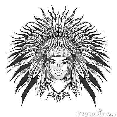 Young Girl in War Bonnet Cartoon Illustration