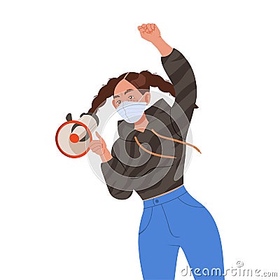 Young Girl Wearing Face Mask Shouting in Megaphone Supporting Street Protest Against Human Rights Violation Vector Vector Illustration