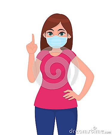 Young girl wearing medical face mask and pointing finger up. Trendy woman covering protective surgical mask. Female character Vector Illustration