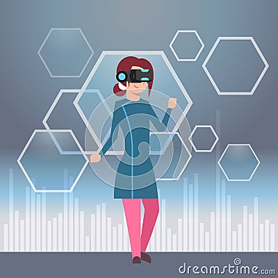 Young Girl Wearing Modern 3d Glasses Virtual Reality Headset Concept Vector Illustration