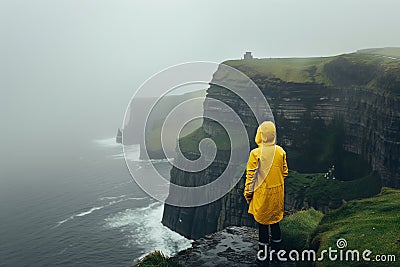 Young girl wearing raincoat standing on the edge of a cliff with huge waves rolling ashore. Rough foggy Irish weather. Beautiful Stock Photo