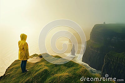 Young girl wearing raincoat standing on the edge of a cliff with huge waves rolling ashore. Rough foggy Irish weather. Beautiful Stock Photo