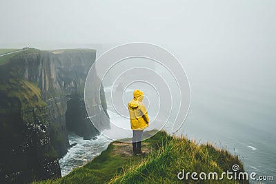 Young girl wearing raincoat standing on the edge of a cliff with huge waves rolling ashore. Rough foggy Irish weather. Beautiful Stock Photo