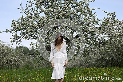 Young girl in white dress near blooming apple tree Stock Photo