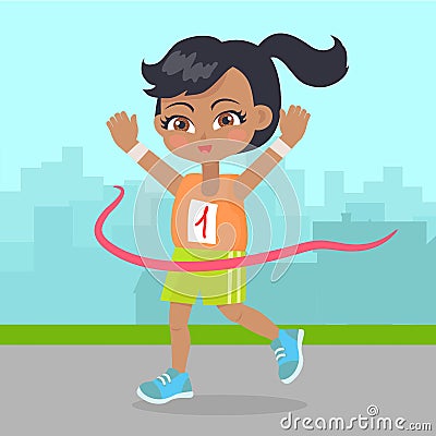 Young Girl Win the Race Little Runner Sport Banner Vector Illustration