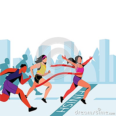 Young girl wins in city marathon. Vector flat illustration. Winner with red ribbon on finish line Vector Illustration