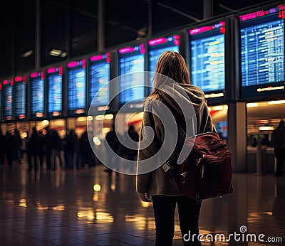 A young girl in winter clothes stands in front of the scoreboard at the airport. Generated by AI Stock Photo