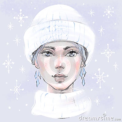 Young girl in a winter hat and scarf. Woman in winter clothes on a blue background. Female character under the falling Stock Photo