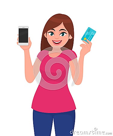 Young girl, woman or female holding/showing mobile, cell, smart phone and credit, debit or ATM card. Modern lifestyle and latest. Vector Illustration
