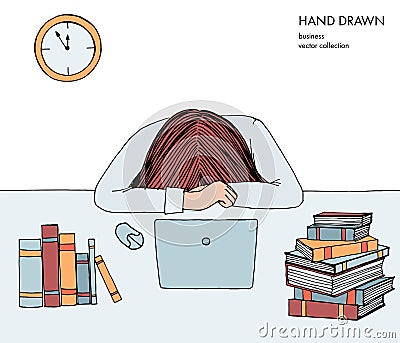 Young girl woman laid her head down on the table. Frustrated, exhausted, sleepy, tired of work. Laptop, computer, pc Vector Illustration
