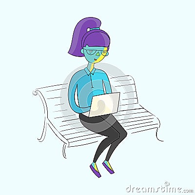 Young girl working with laptop vivid color vector Vector Illustration