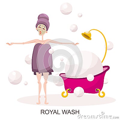 Young girl wrapped in a towel and bath Vector Illustration