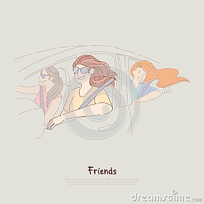 Young girlfriends on road trip, happy women ride in car, female friendship, summer journey, adventure banner Vector Illustration