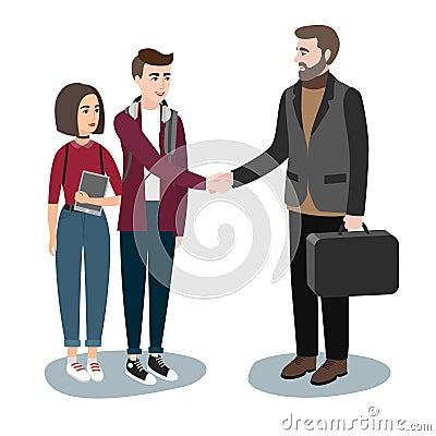 Young girls and boys in casual clothes Shake hands with an adult men in a suit. Fashion modern students. Vector Illustration