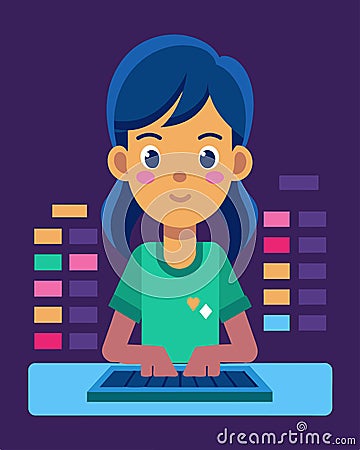 A young girls face lit up in concentration as she typed out a sequence of commands bringing a colorful coding creation Vector Illustration