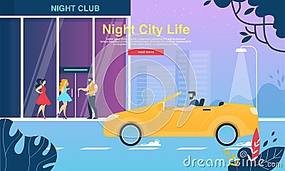 Young Girls in Fashioned Dresses Enter Night Club Vector Illustration