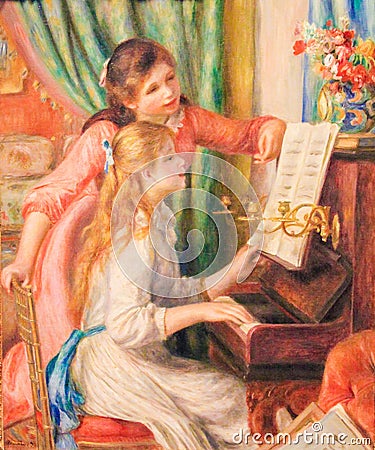 Young Girls at the Piano - Painting by Pierre-Auguste Renoir & x28;18 Editorial Stock Photo