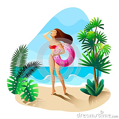 Young girls relax on the beach. ocean shore, palm trees, sky Vector Illustration