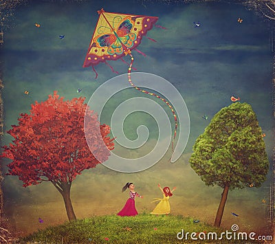 Young girls among trees on the field with kite Stock Photo