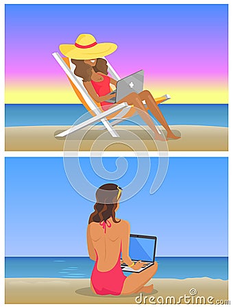 Young Girls Work on Laptop at Sandy Beach Set Vector Illustration