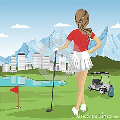 Young golfer girl standing with a golf club looking at lake, city and mountains Vector Illustration