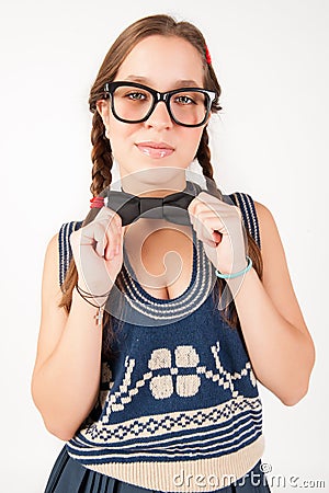 Young goofy and nerdy girl looking at camera. Stock Photo