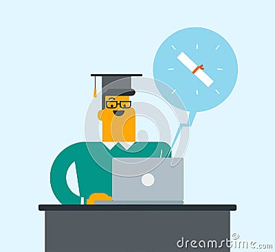 Young graduate getting diploma from the computer. Vector Illustration