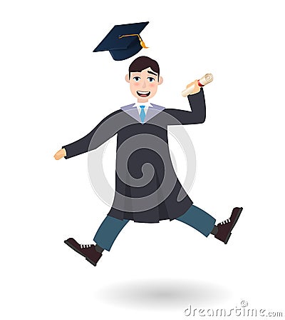 A young graduate man jumpimg and holding certificate or diploma scroll. Vector Illustration