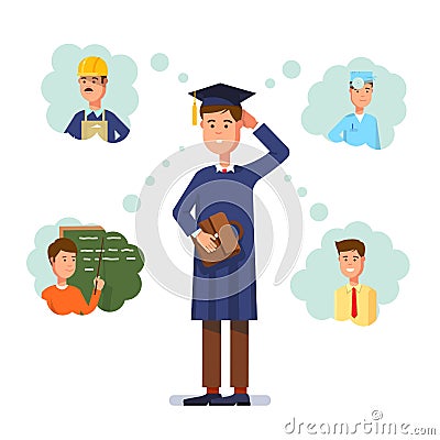 Young graduate man thinks about future profession Vector Illustration