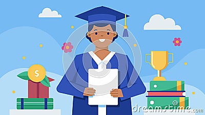 A young graduate proudly holds up a certificate announcing their graduation from college debtfree thanks to their Vector Illustration