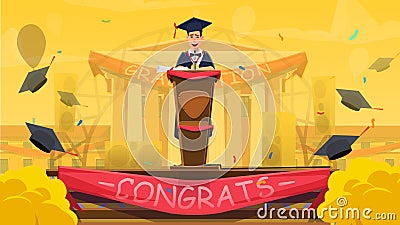 Young Graduate Student Giving Speech at Tribune. Vector Illustration