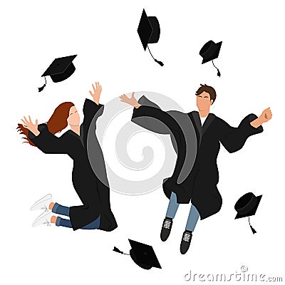 Young graduate students girl and guy in graduation gown jumping and throwing the mortarboard high into the air. Flat Vector Illustration