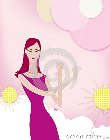 Young green-eyed girl in a crimson dress with balloons in her hands. Against the background pink, sun and clouds Stock Photo