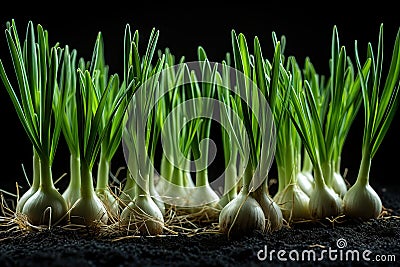 Young Green Garlic Sprout on Black Bed Early Spring, Garlic Sprouts Rows Stock Photo