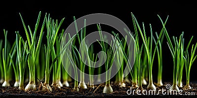 Young Green Garlic Sprout on Black Bed Early Spring, Garlic Sprouts Rows Stock Photo