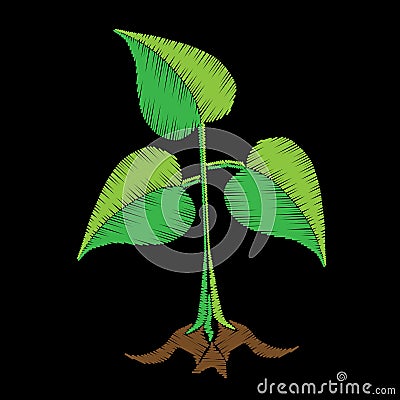 Young green plant sprout embroidery stitches imitation Vector Illustration