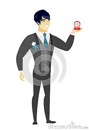 Young groom holding wedding ring in box. Vector Illustration