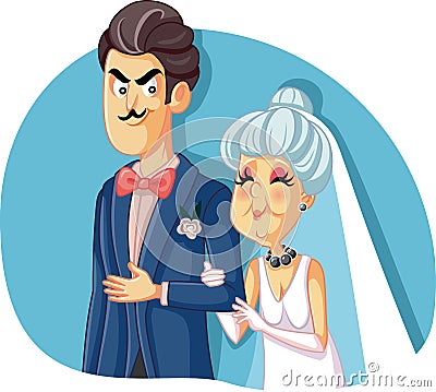 Young Groom Marrying Older Woman for Money Vector Illustration