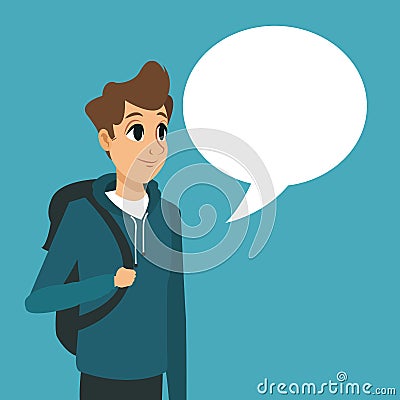 Young guy backpack with bubble speech Vector Illustration