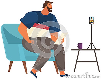 Man watching video, podcast, broadcast on smartphone screen. Virtual communication via Internet Vector Illustration