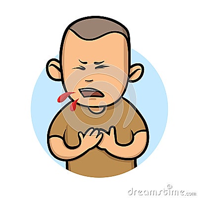 Young guy coughing blood. Flat vector illustration. Isolated on white background. Vector Illustration