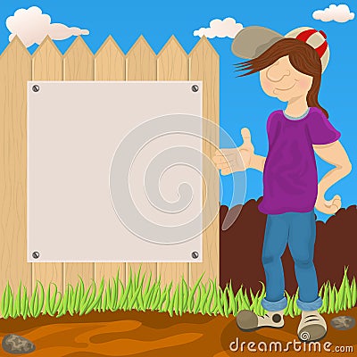 Young guy in front of a fence Cartoon Illustration
