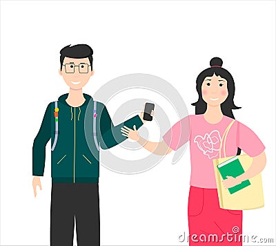 Young guy and girl greet each other and talk. Meeting friends of students, pupils. Vector Illustration