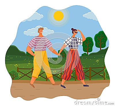 Young guy and girl holding hands walking in summer garden in a countryside, weekend walk in park Vector Illustration