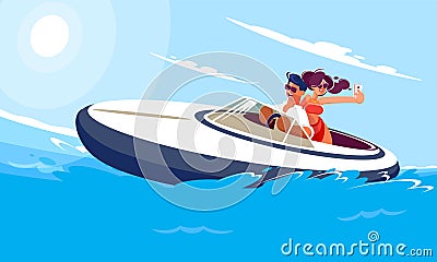 Young guy with a girl ride a boat on the sea on a sunny summer day. A girl makes selfie with her boyfriend on a moving Vector Illustration