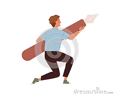 Young guy holding giant digital pen tool from graphic editor. Creator carrying design instrument for drawing. Colored Vector Illustration