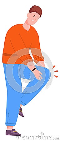 Young guy with hurting knee. Person with leg pain Vector Illustration