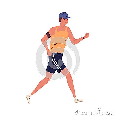 Young guy jogging with armband. Man running in summer sportswear. Sport activity. Male in shorts and trainers. Cardio Vector Illustration