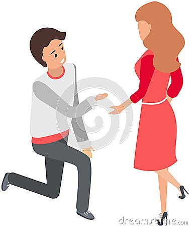Man on one knee makes marriage proposal to his girlfriend. People in relationships before wedding Vector Illustration