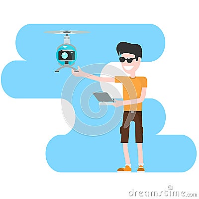 Young guy launches drone with camera Vector Illustration